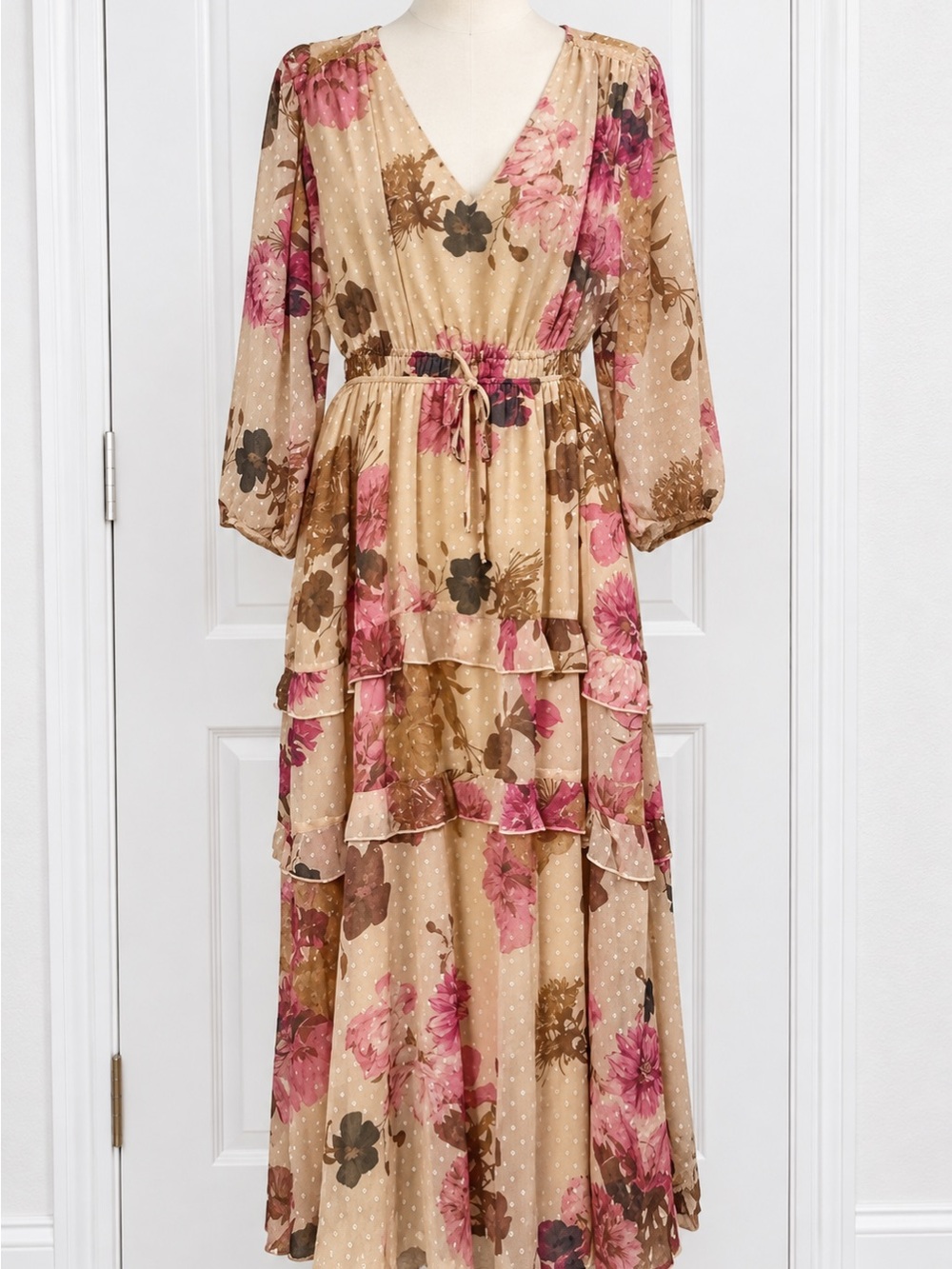 Boho Floral Tiered Maxi Dress in Beige and Pink